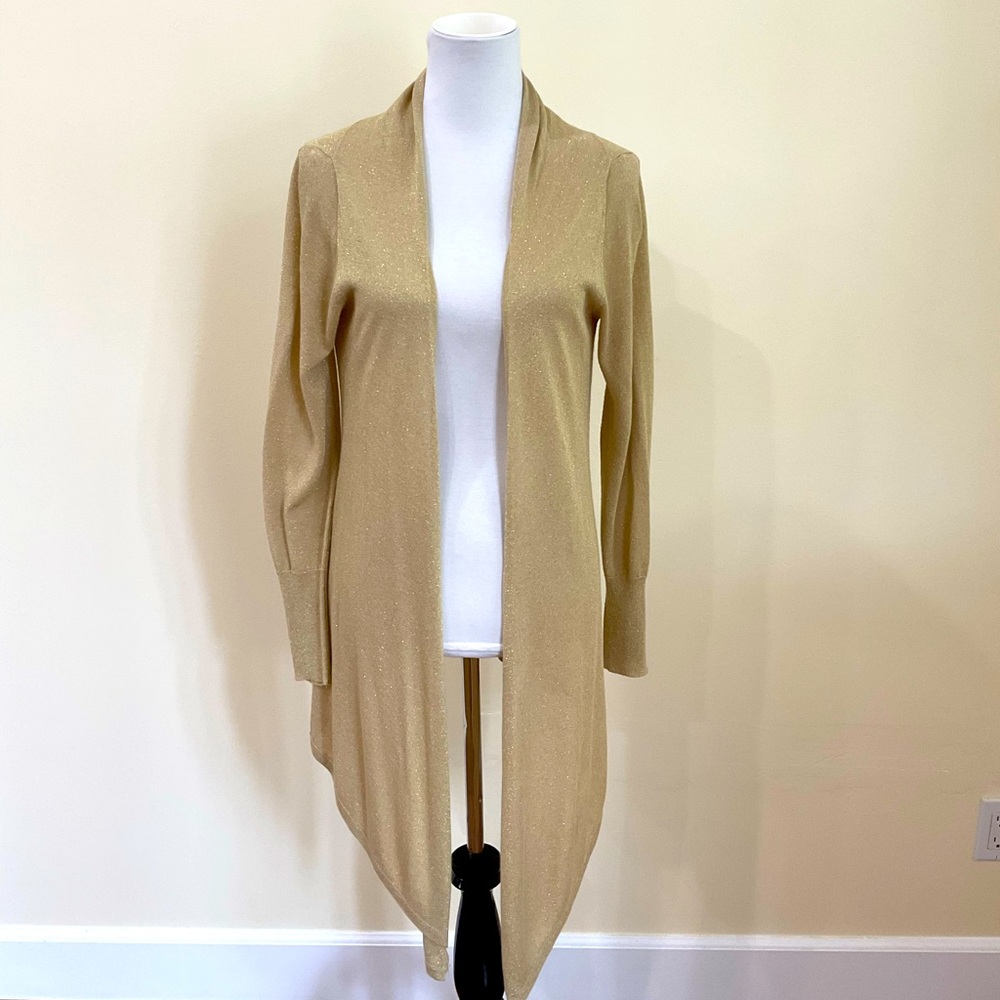 Women’s Linda Matthews New York Elegant Gold Long Cardigan Sweater